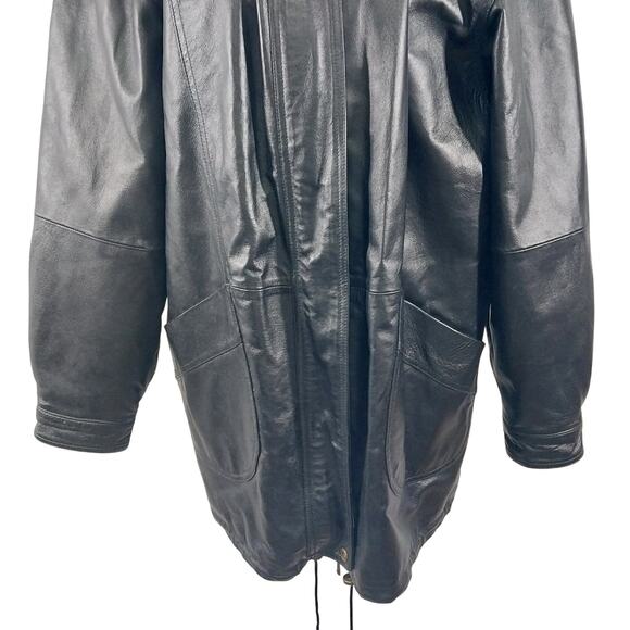 ACCENTS! RICH BLACK GENUINE LEATHER FAUX FUR TRIMMED HOOD PARKA COAT! SZ 1X - Picture 6 of 13